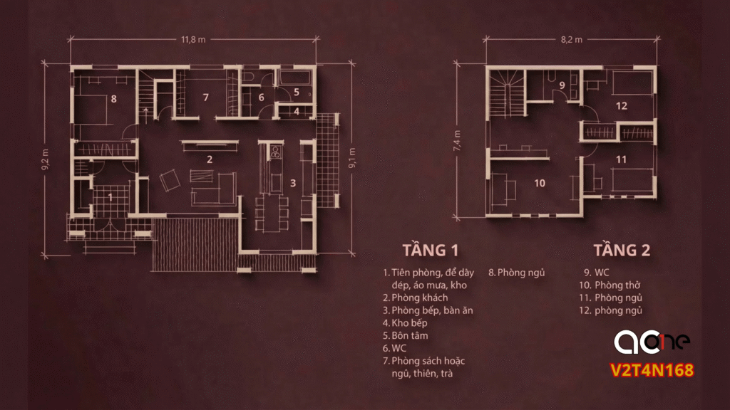 Mặt bằng nhà vườn 2 tầng 4 ngủ