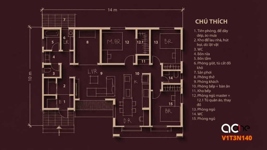 Mặt bằng bản vẽ nhà vườn 1 tầng 3 ngủ 140m2