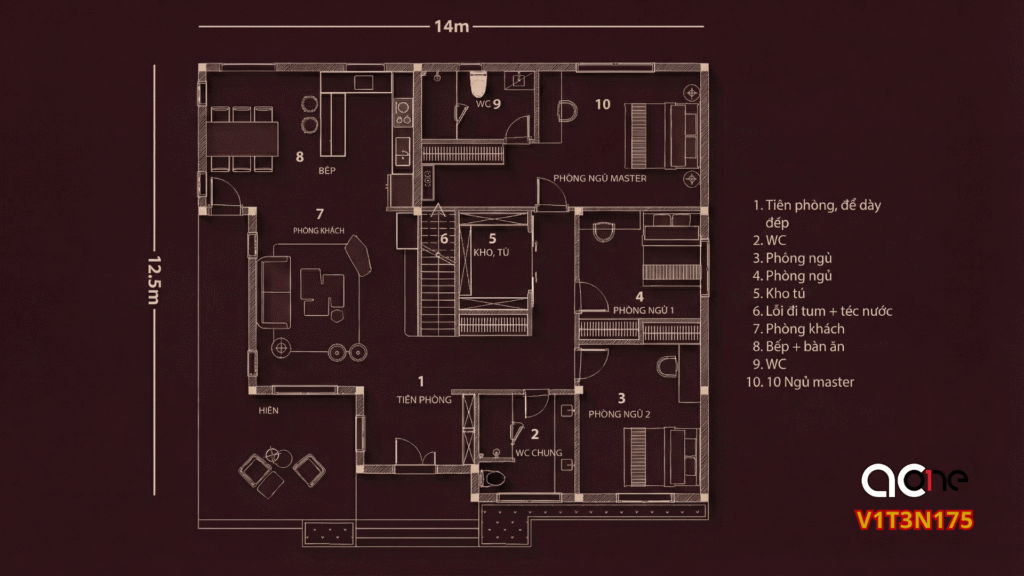 Bản vẽ mẫu nhà vườn 3 ngủ 175m2